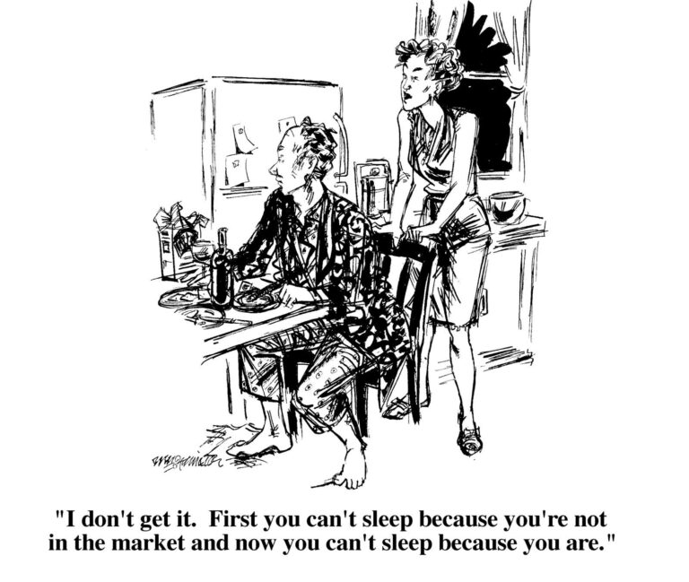 Cartoon of a woman standing over a man sitting at the kitchen table because he can't sleep because he is worried about the markets.