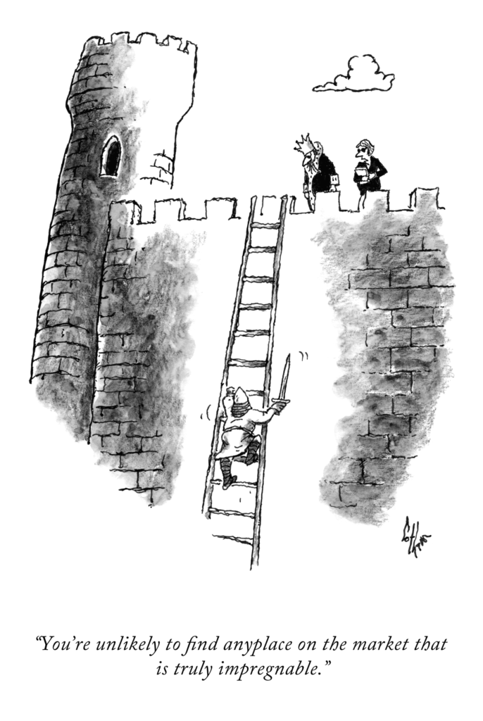 Cartoon showing A King looking down from his castle at a knight climbing a ladder with the caption: You're unlikely to find anyplace on the market that is truly impregnable.