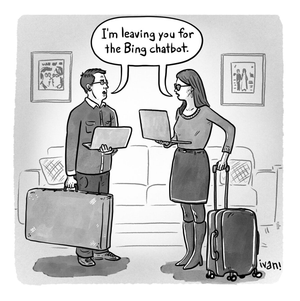 A man and woman each holding laptops and suitcases cartoon with the caption "I'm Leaving You for the Bing Chatbot"