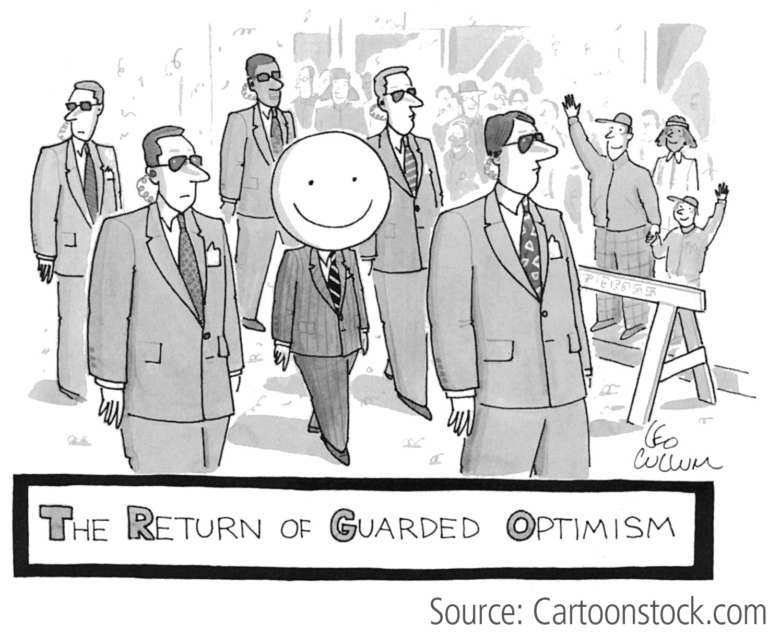 Cartoon showing a man with a smiley face and the headline "The Return of Guarded Optimism